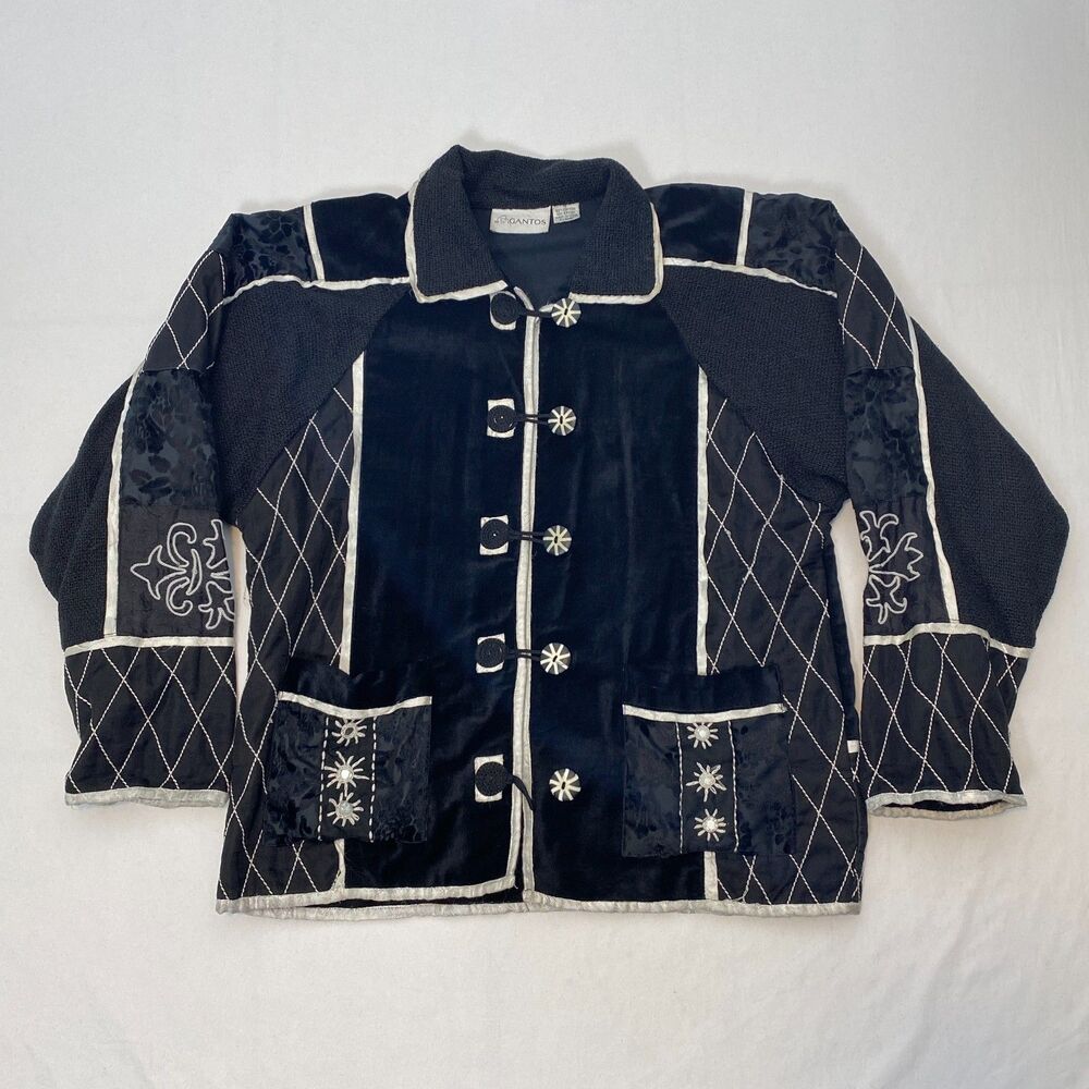 Vintage Gantos Mixed Media Jacket Velvet Knit Button Up Womens Medium Black 90s
